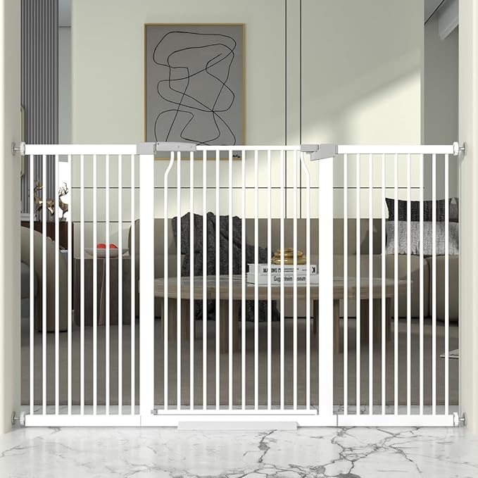 41" Extra Tall and Wide Baby Gate, 63-65.7'' Wide Pet Cat Gate for Doorway, Extra Wide Pressure Mounted Child Door with Expansion Kit, Metal Safe Gate, Tall Dog Gate, White
