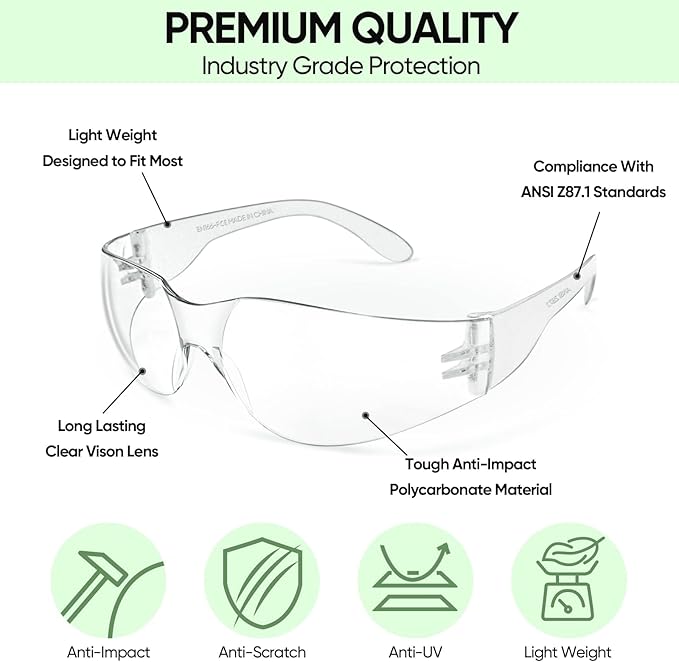 TICONN Clear Safety Glasses for Men, Safety Goggles with Scratch Impact Resistant Meets ANSI Z87.1 Standard