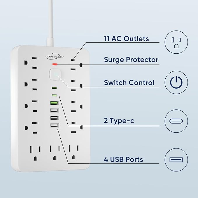 6 FT Flat Plug Surge Protector Power Strip,11 Multiple AC Outlets with 6 USB Ports (2 USB C), 6 Feet Extension Cord, 1250W/10A, One Touch Switch Button, 17 in 1 Compact powerstrip-White