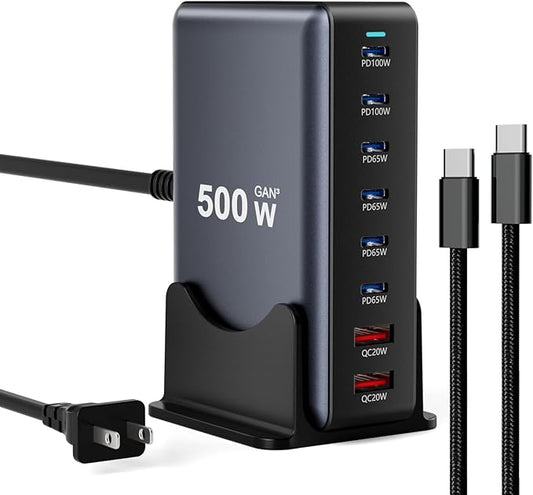 500W Fast Charging 8 Port USB C Charger Block with Nylon Fast Charging Cable, Multi-Device Charging Station Wall Desktop Charger with GaN Ⅲ Technology, USB-C Charger Adapter for MacBook/iPad/iPhone 16