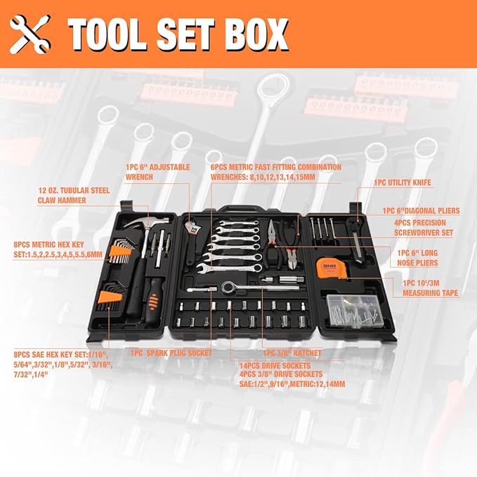 DNA MOTORING 160pcs Mechanic Tool Socket Wrench Set, SAE and Metric Socket Wrench Set, Tool Box Case for Home, Auto and Bike Repair, Orange, TOOLS-00023