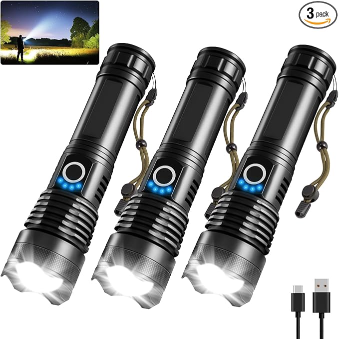 3Pack Rechargeable Flashlights High Lumens, Super Bright Flashlight, 5Modes LED Flashlight Rechargeable, Adjustable Tactical Flashlights High Powered, Flash Lights for Emergency Camping Home