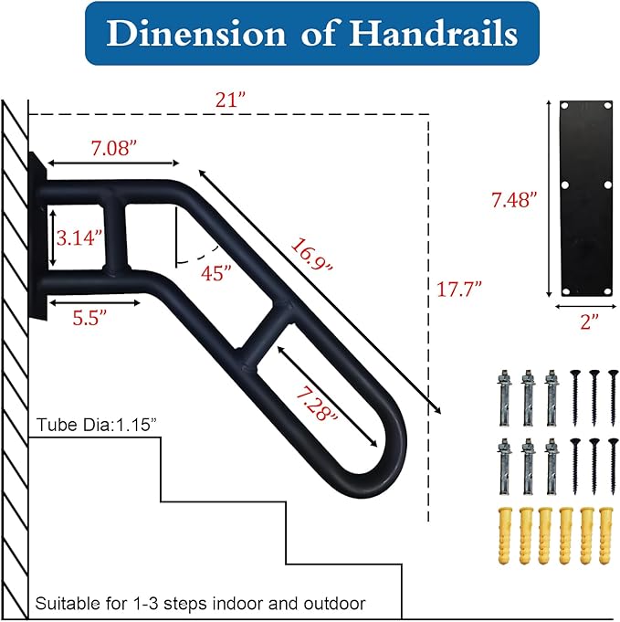 2 Pack Bent Stair Handrails for Outdoor Steps，Hand Railings for 1-3 Steps with Black Matte Finish，Wall Mounted Railings Safety Grab Bar with 2 Anti-Skid Crossbar for Garage, Porch, Garden, Yard