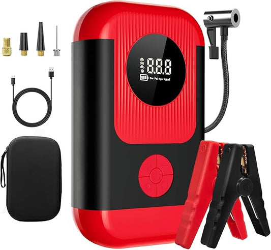 Jump Starter with Air Compressor,5000A Portable Car Battery Booster (10 Gas/8L Diesel) with 150PSI Tire Inflator,12V Car Battery Jump Box,Cordless Air Pump for,Motorcycle,Bike, Balls,LED Light