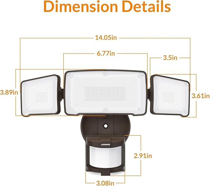 LEPOWER LED Security Light Motion Sensor Light Outdoor, 38W 4200LM Motion Security Light, 5500K, IP65 Waterproof, 3 Head Motion Detected Flood Light for Garage, Yard, Porch (Brown)