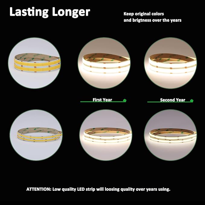 JOYLIT 24V COB LED Strip Lights 3000K Warm White Dual Row 16.4ft Waterproof 787LM/FT Ultra Bright CRI 95+, UL Listed PRO 7.6W/FT 960LEDs/M High Density 12MM Wide Adhesive Tape Light Task Lighting