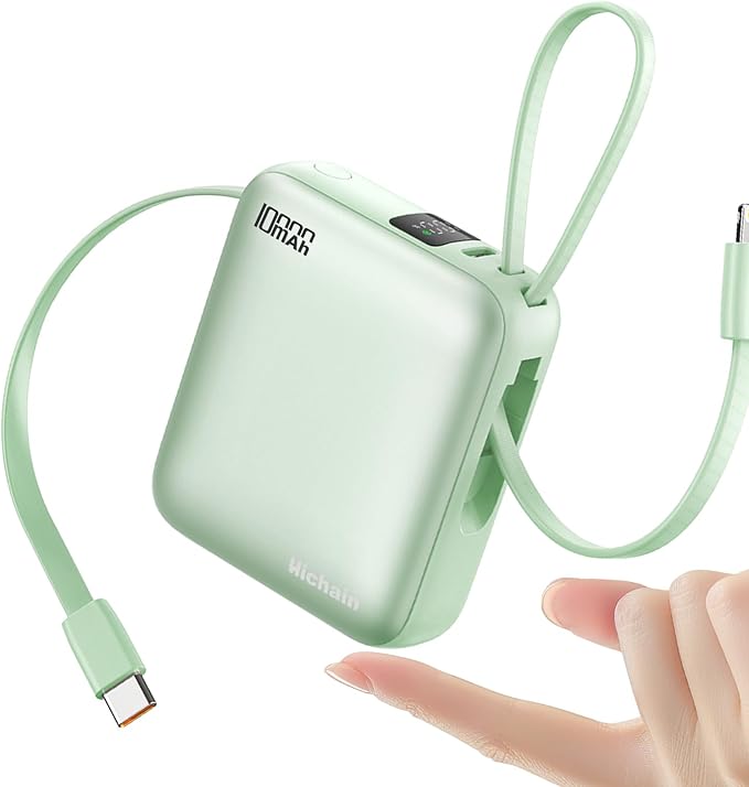 Hichain Portable Charger with Dual Built-in Cables 10000mAh Small Power Bank 22.5W Fast Charging Mini Powerbank LED Display Travel Essential Battery Pack for iPhone 17 16 15 14 13 All Series Green