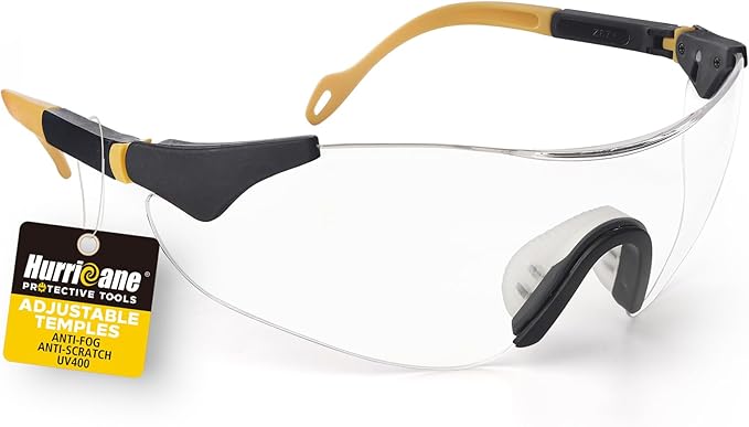 HURRICANE UV400 Safety Glasses, Clear Lens, Lightweight Protective Goggles with Anti-Fog & Anti-Scratch Coating, Adjustable Nylon Frame & Flexible Temples for Work, Lab, Construction, Workshop & More