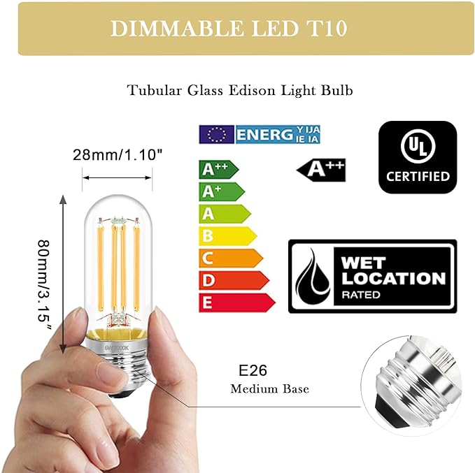 3.2 Inch 3000K Warm White E26 LED Bulb 60 Watt Equal, AC 120V 600LM Edison Bulbs Dimmable, 6W T10 T30 Tubular Filament Light Bulbs Clear Glass for Fan Pendant Wall Light, UL Listed-6 Pack
