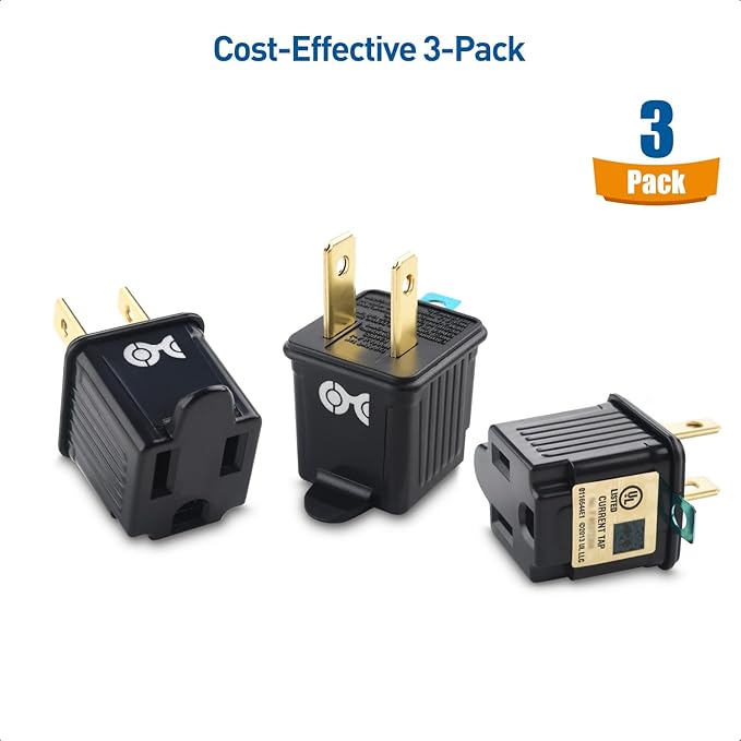 [UL Listed] Cable Matters 3-Pack 2 Prong to 3 Prong Outlet Adapter, 3P to 2P Plug Adapter - Converts a 2-Prong Outlet to Support 3-Prong Plugs, Black