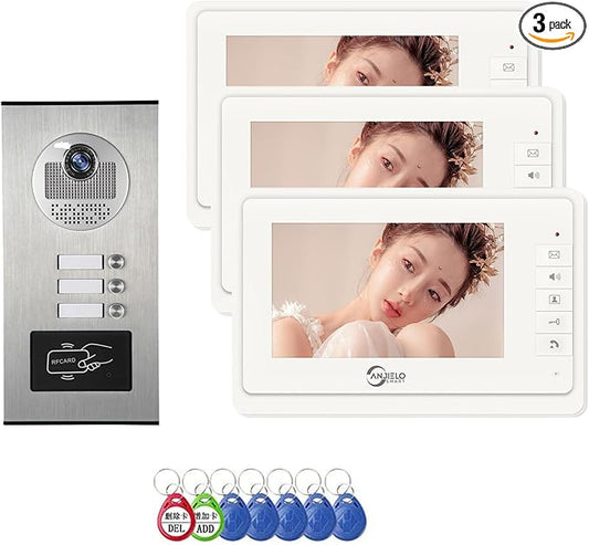 Wired Video Apartment Intercom System,6 Units 7 inch Monitor Video Door Phone Kit,Indoor Outdoor Video Doorbell, ID Card Unlock, 2 Way Audio, 6-Screen for Home Apartment (1 Doorbell+3 Monitor)
