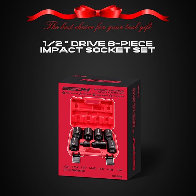 SAE Deep Impact Socket Set 8-Piece 1/2-inch Drive Wheel Axle Nut Wrench Large Sockets Standard Adapter 1-11/16 1-9/16 1-3/8 1-7/16 1-1/2 1-5/8 1-3/4 Imperial Spindle Joint Torque Bearing Locknut Truck