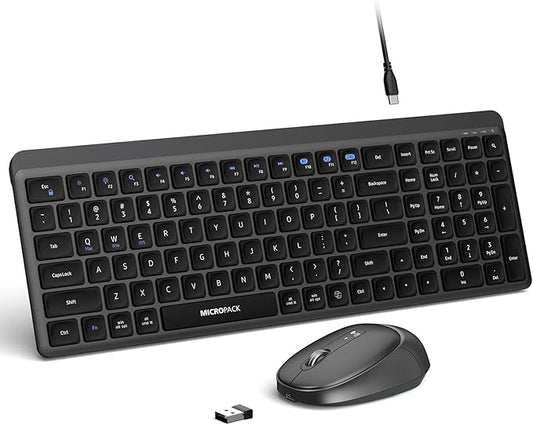 Wireless Keyboard and Mouse Combo for Desktop Mac iPad Bluetooth 2.4 Ghz Rechargeable Silent Click with Number Pad Black Compatible with Pc, Laptop, Tablet (Black)