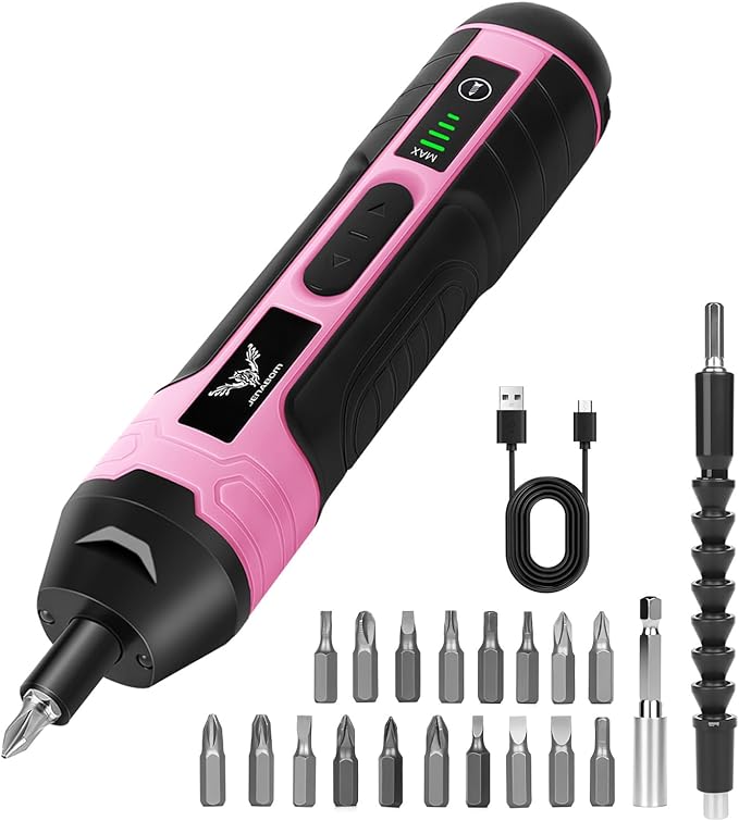 Electric Screwdriver Pink, 3.6V Rechargeable Cordless Screwdriver, 5N.m Max Torque, 4-Gear Torque, LED Light, 20 Pcs, Ideal for Women Daily & Light Industrial Use