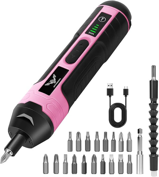 Electric Screwdriver Pink, 3.6V Rechargeable Cordless Screwdriver, 5N.m Max Torque, 4-Gear Torque, LED Light, 20 Pcs, Ideal for Women Daily & Light Industrial Use