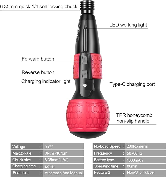 3.6V Cordless Electric Screwdriver, Portable Mini Rotary 2-in-1 Home Gadget with 3.5Nm Torque, Non-slip Handle & LED Light, 5pcs Electroplated Pearl Chrome S2 Bits, 1800mAh USB-C Rechargeable – Red
