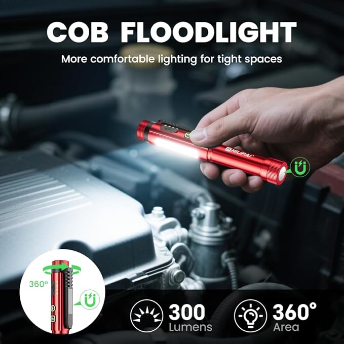 Magnetic Rechargeable Pen Light - 600 Lumen Dimmable EDC Flashlight, IPX4 Waterproof Work Light with Clip & COB LED for Mechanics, Nurses, Emergency (Red)