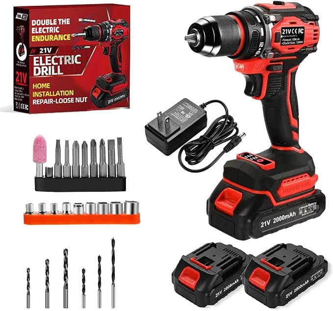21V Cordless Power Drill/Driver Set, 2 Variable Speeds with LED Light, 3/8" Keyless Chuck, 2 Batteries & Charger, 28-Piece Kit for Home Use（Red)