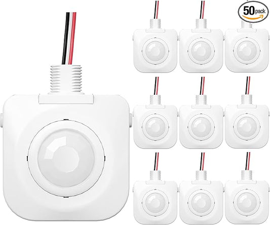 50 Pack Ceiling Occupancy Motion Sensor, Passive Infrared Technology, High Bay Fixture Mount 360 Degree, Hard-Wired, 120-277 VAC, Commercial/Industrial Grade