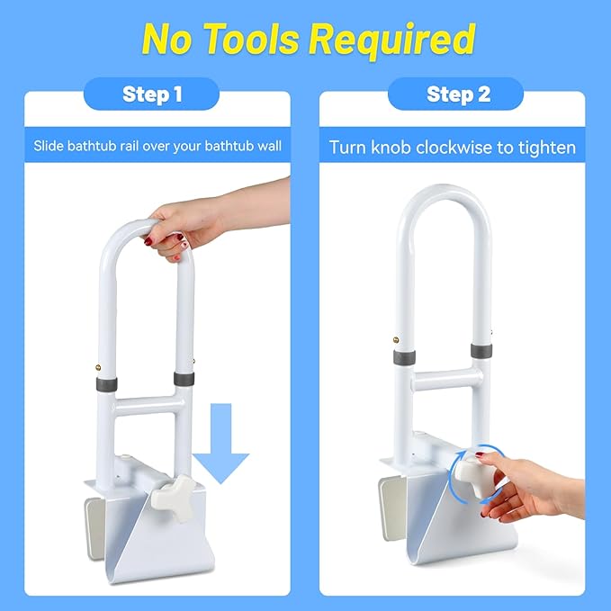 Bathtub Grab Bars for Seniors, Tub Handle Grab Bar for Elderly Bath Support, Bathtub Safety Rail, Assistance Bathtub Handle Clamp for Bathroom, 3.3"- 7" Width Adjustable, White