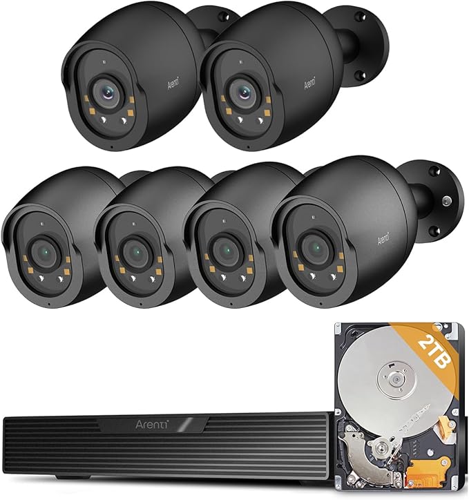 Arenti 5MP PoE Security Camera System Bundle with 6 Cameras – AI Person/Vehicle Detection, Full-Color Night Vision, 8CH NVR with 2TB HDD, 24/7 Recording, Two-Way Talk, Plug & Play (Black)