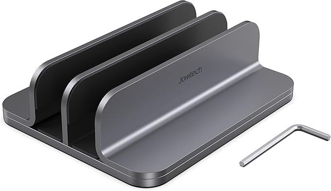 Dual Aluminum Vertical Laptop Stand Organizer, Sturdy Notebook Computer Holder Stand Compatible with New Liquid Retina XDR Apple MacBook Air/Pro, Mac mini, Apple TV and iPad Pro - Spacegray