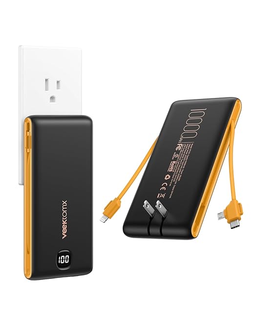 VEEKTOMX Portable Charger with Built in Cables 10000mAh, Power Bank for iPhone with Wall Plug, Travel Essential Fast Charging USB C Slim External Battery Pack for iPhone16/15/14, Samsung, iPad, etc