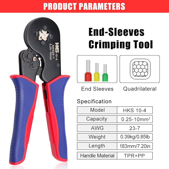HKS Ferrule Crimping Tool Kit - Square Ferrule Crimper Plier (AWG 23-7) with 1900pcs Wire End-Sleeves Terminals Kit