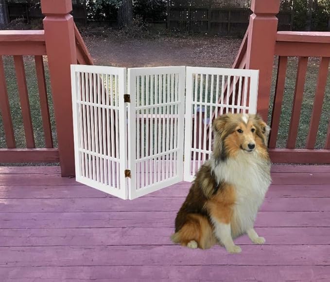 Pet Dog Gate Strong and Durable Freestanding Folding Acacia Hardwood Portable Wooden Fence Indoors or Outdoors by Urnporium (White Pet Gate, 3 Panel 30" Tall)