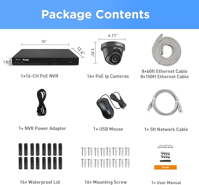 16 Channel Security Camera System 4K PoE, 16x 8MP Wired IP Black Turret Dome Camera with AI Human Vehicle Detection, Built-in Mic, Remote Access 24-7 Recording, 4K 16CH NVR 4TB HDD, PD93A31616-8M