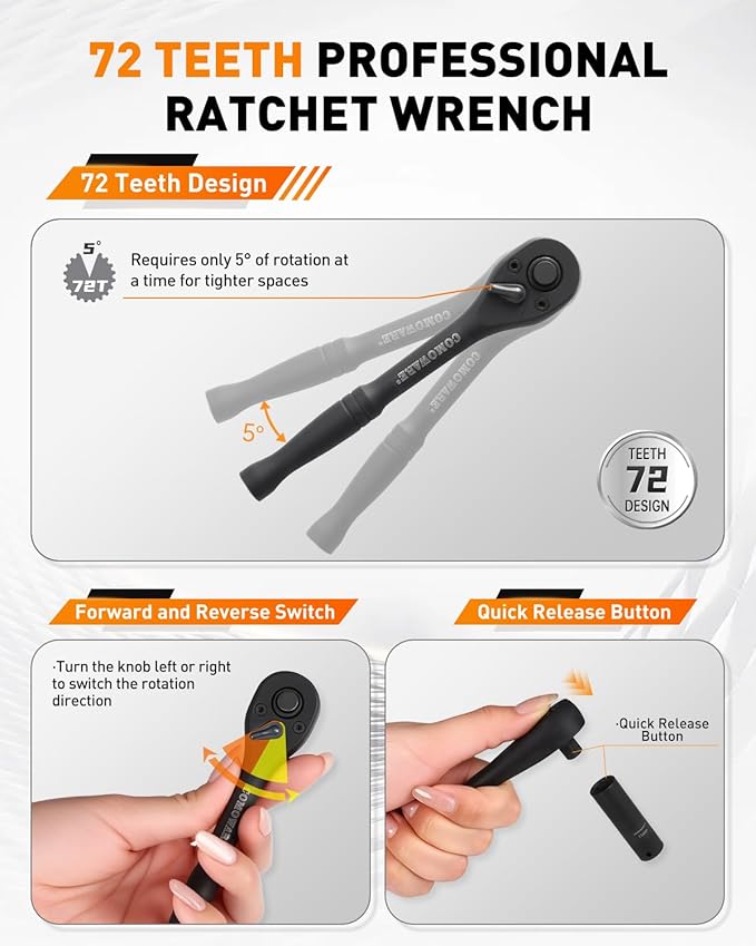 COMOWARE 83pcs 1/4” Drive Socket Set, 5/32”-9/16” SAE, 4-15mm Metric, CR-V Mechanic Tool Set, 72T Ratchet Wrench, Socket Wrench Sets with Adapter, Ratchet Sets for Auto Repairing & Home Use