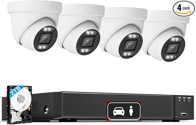 LongPlus Smart 4K 8CH Home Security Camera System, 4Pcs Wired PoE IP Cameras System Outdoor with Person/Vehicle Detection, 8MP 8CH NVR with 2TB HDD for 24-7 Recording, LP8ME84D2