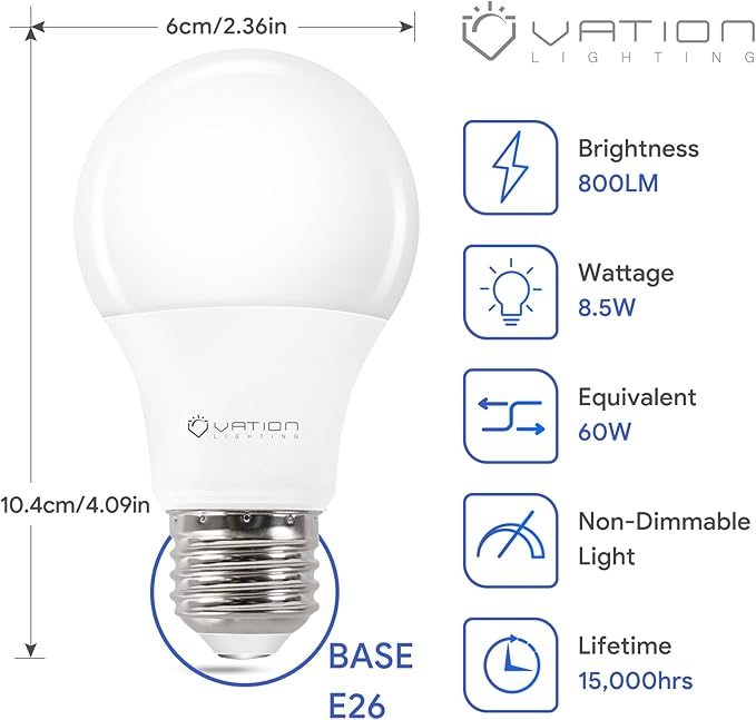 A19 LED Light Bulbs 60W Softwhite 2700K, 8.5Watt Efficient, 60 Watt Equivalent, 800 Lumens, E26 Medium Base, Non-Dimmable, ETL/UL Listed, 24 Pack