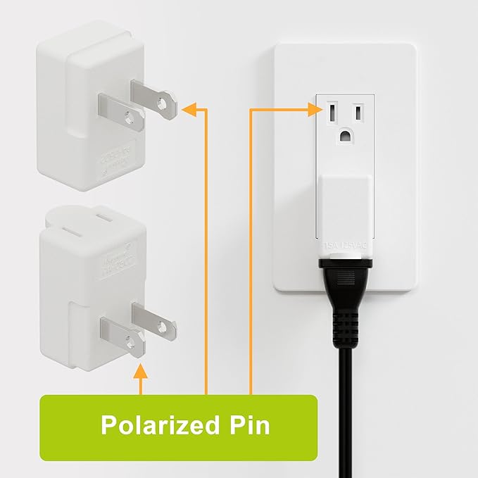 Polarized 2-Prong L Type Adapter, Vertical Right Angled Down Angle AC Adapter with NEMA 1-15P USA Outlet Saver Extension High Heat Resistant 2Pin Design