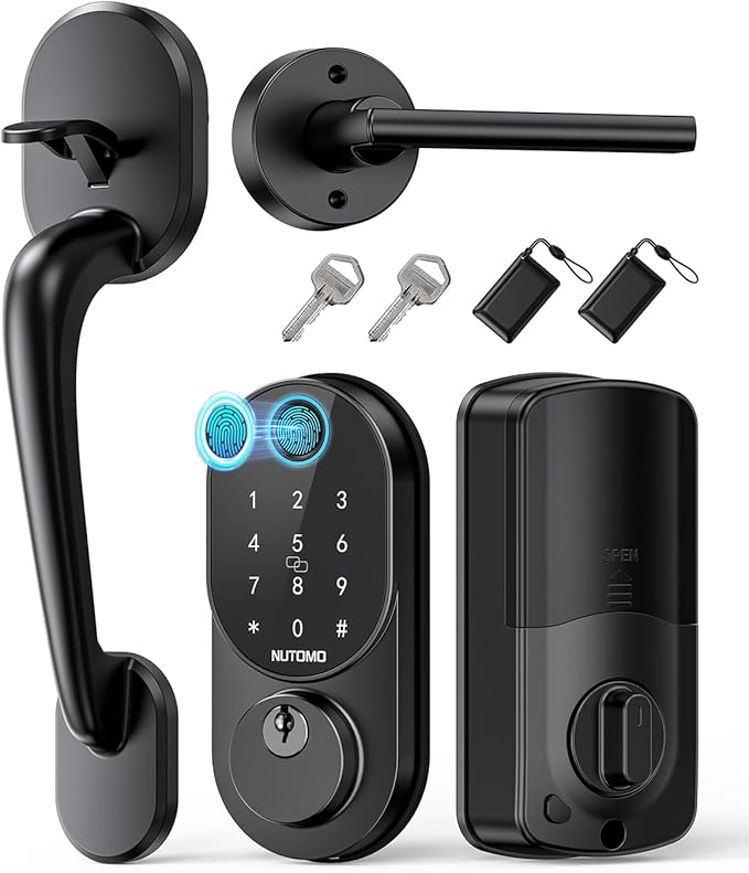 Smart Locks for Front Door: NUTOMO Keyless Entry Door Lock Deadbolt with Handle Set，Fingerprint doorlock Set,Electronic Digital Keypad Lock with Handle, Easy intall Code Auto Lock for Home Black