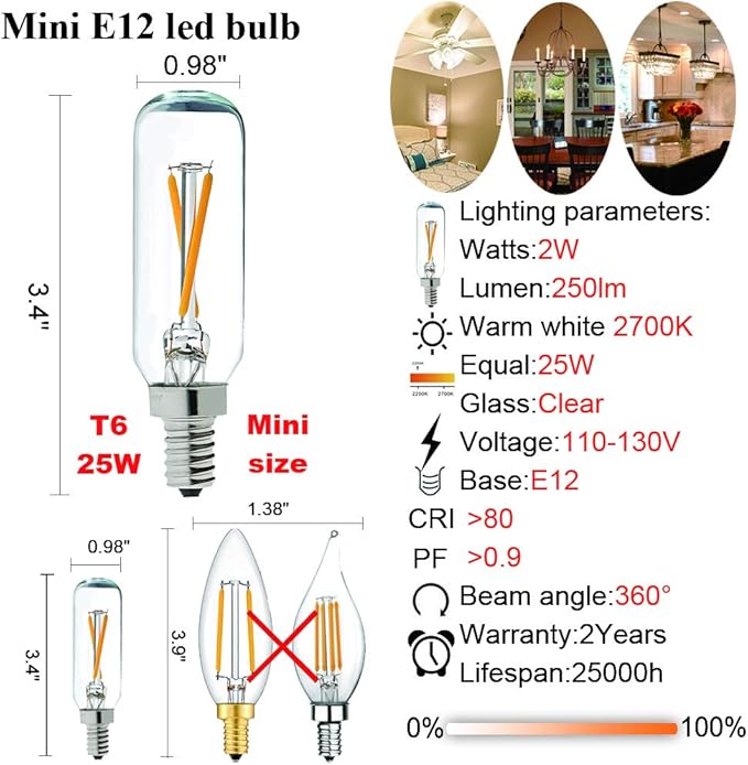 LiteHistory Dimmable T6 led Bulb 25W Candelabra led 2700K Clear 200lm 2W e12 T25 led Bulb 6Pack