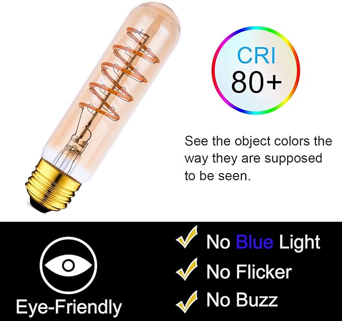 T10 LED Bulbs 40 Watt Equivalent 4W Dimmable Edison Tubular Light Bulb E26 Medium Base 2700K Warm White, T10 Vintage Amber Glass Spiral Filament LED Light Bulb, 2 Pack