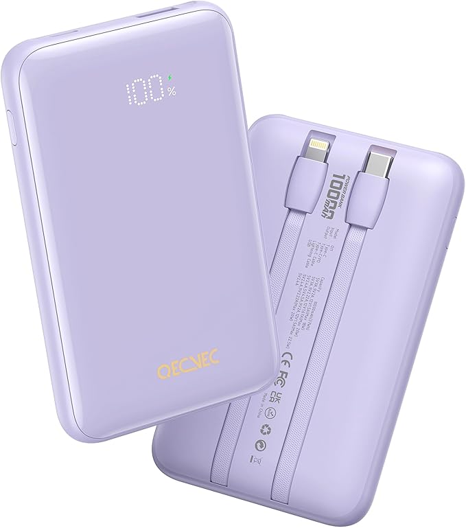 Portable Charger 10000mAh, Cell Phone Portable Power Banks with 22.5W PD Fast Charging, Compact Phone Charger Built in Cable, Compatible with Apple, Samsung, Google, Motorola and More