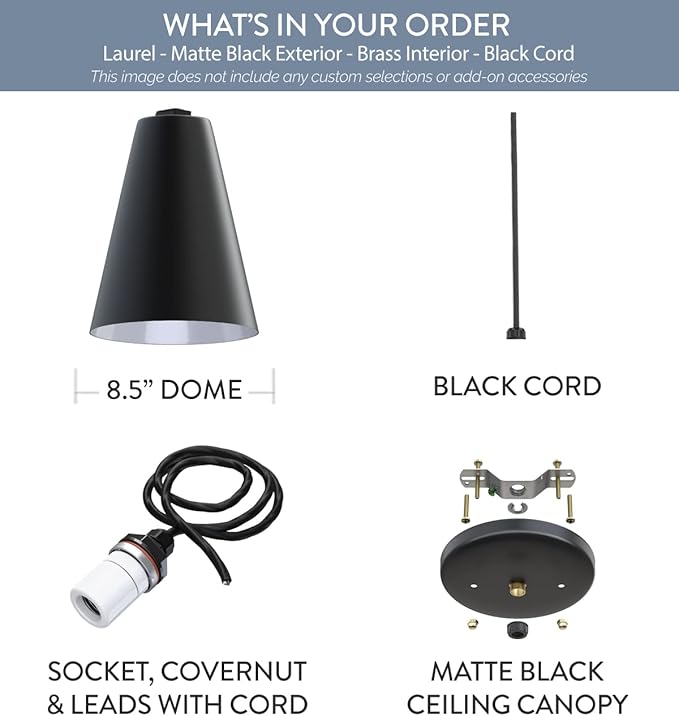 Steel Lighting Co. Laurel Pendant Light | Ceiling Mounted | 8.5 inch Cone Shade | Modern Contemporary Farmhouse Style Made in America | Black Cord | Matte Black Exterior/White Interior