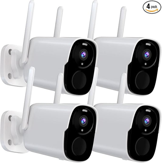 4PC Security Cameras Wireless Outdoor, 2K Battery Powered Security Camera for Home, WiFi Camera Surveillance Indoor System with Color Night Vision, IP66, 2-Way Audio, AI Motion Detection, Works/Alexa