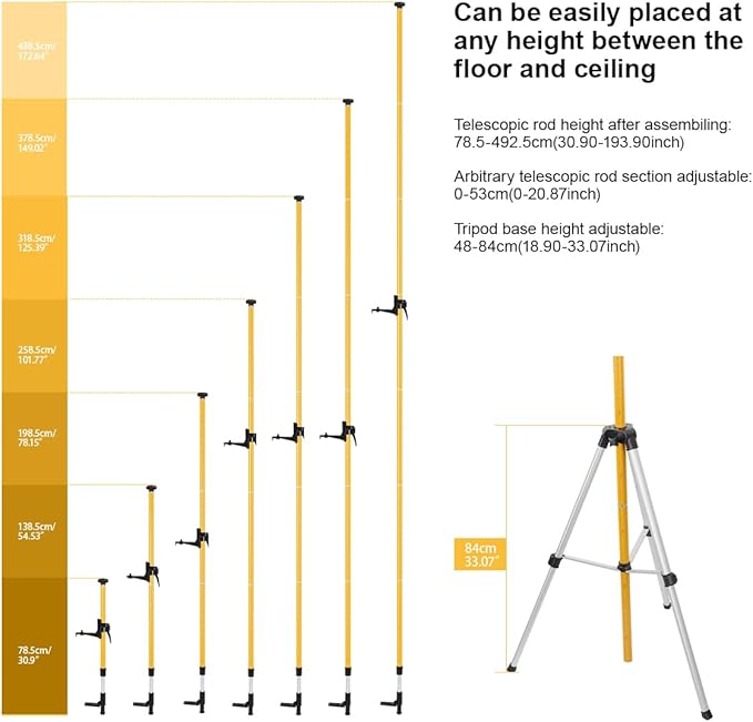 MOETER Telescoping Laser Level Pole with Tripod - 15.7ft/4.8M Laser Pole with Adjustable Bracket, 1/4"-20 & 5/8"-11 Thread Adapters for Rotary and Line Lasers