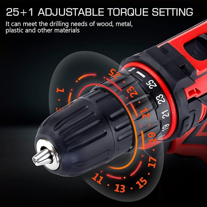 Cordless Drill Kit Power Screwdriver Set, 12.6V Electric Drill Screwdriver for Home DIY, 3/8'' Keyless Chuck, 25+1 Torque Setting, 25 Bits, Built-in LED, 2 x 1500mAh Batteries and Fast Charger,