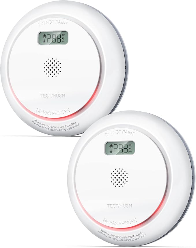 Ecoey Smoke Detector Carbon Monoxide Detector Combo 7-Year Battery Operated Smoke and Carbon Monoxide Alarm with Visualized LCD Display and Test & Silence Function, 2 Packs
