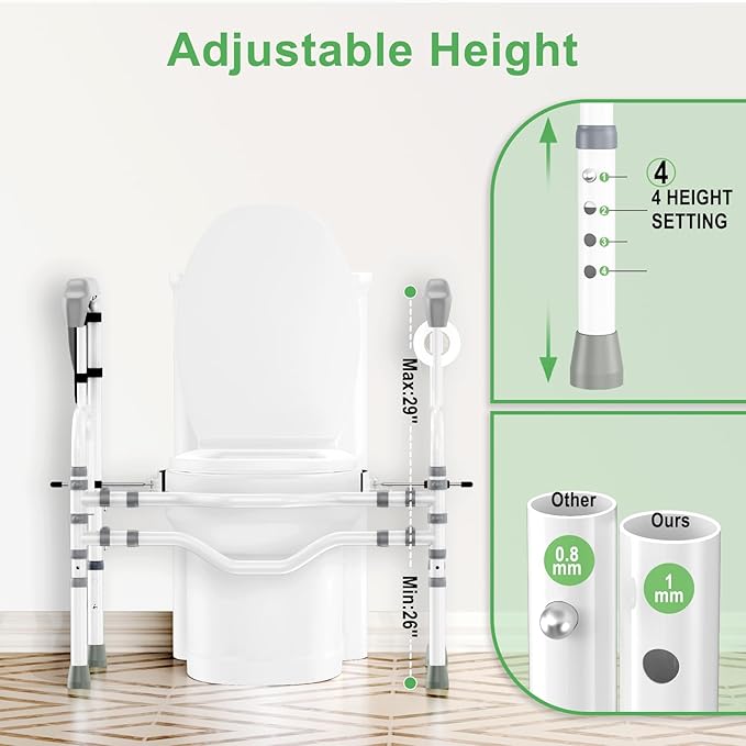 Foldable Toilet Safety Rail for Seniors, Toilet Safety Frame Height Adjustable, Heavy Bathroom Rail with Armrests, Bathroom Safety for Elderly and Disabled(400LBS)