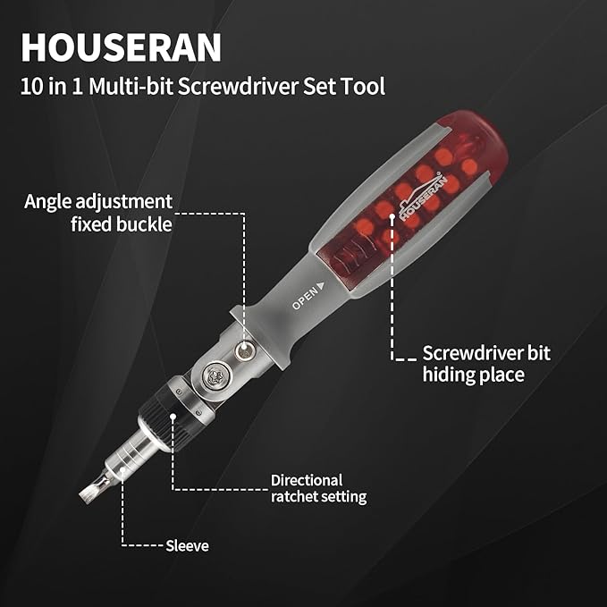 Ratcheting Screwdriver, HOUSERAN Ratcheting Screwdriver Set, 10-in-1 Multi Bit Screwdriver, 90-Degree Adjust Precision Screw Driver, Electrical and Electronics Ratchet Driver, Slotted/Philips/Torx