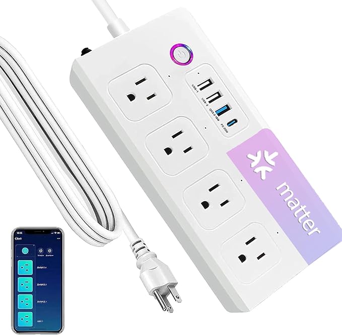 Matter Smart Power Strip,WiFi Flat Plug Strip with 4 Smart Outlets and 4 USB Ports, Voice/APP Remote Control,5 Ft Extension Cord Surge Protector,Compatible with Alexa, Apple HomeKit and Google