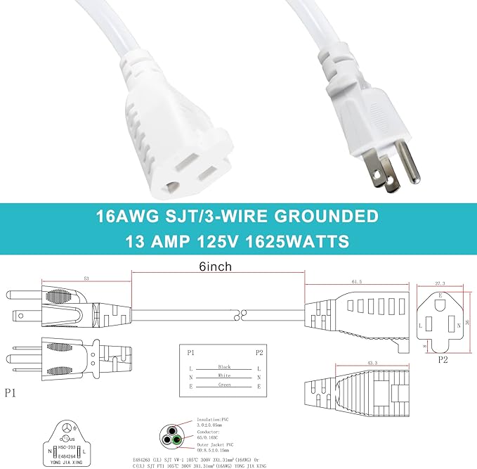 [5 Pack] White Short 3Prong Power Extension Cord - 6inch Mini Indoor Grounded Extension Cord,16AWG Small Electrical AC Extension Cord for Power Strip, 13amp Male to Female Household Extender Cable