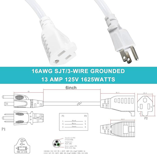 [6 Pack] White Short Power Extension Cord - 6inch 3 Prong Mini Indoor Grounded Extension Cord,16AWG Small Electrical AC Extension Cord for Outlet Saver,Rated for 13AMP Home Appliance Extender Lead