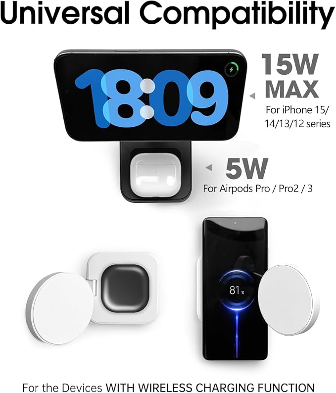 Magnetic Charging Station for iPhone 16 15 14 13 12 Series, Foldable Wireless Charger for Multiple Devices, Faster Mag-Safe Charger Stand, Portable Charging Stand for AirPods 4/3/2/Pro, Phone Holder