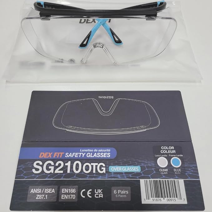 DEX FIT Safety Work Over Glasses SG210 OTG; 6 Pairs, Z87 for Men & Women, Fog & Scratch Resistant, Adjustable, UV Block (Black & Blue Frame, Clear Lens)